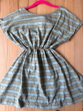 Tocoto vintage Striped Cinched-Waist Dress in Sage Green and Light Blue